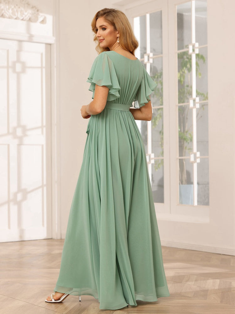 V-Neck A-Line Floor-Length Bridesmaid Dress with Sash and Short Sleeves