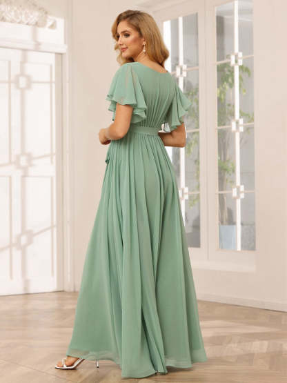 V-Neck A-Line Floor-Length Bridesmaid Dress with Sash and Short Sleeves