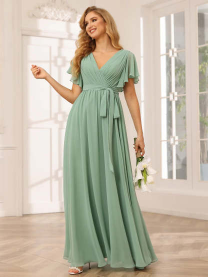 V-Neck A-Line Floor-Length Bridesmaid Dress with Sash and Short Sleeves