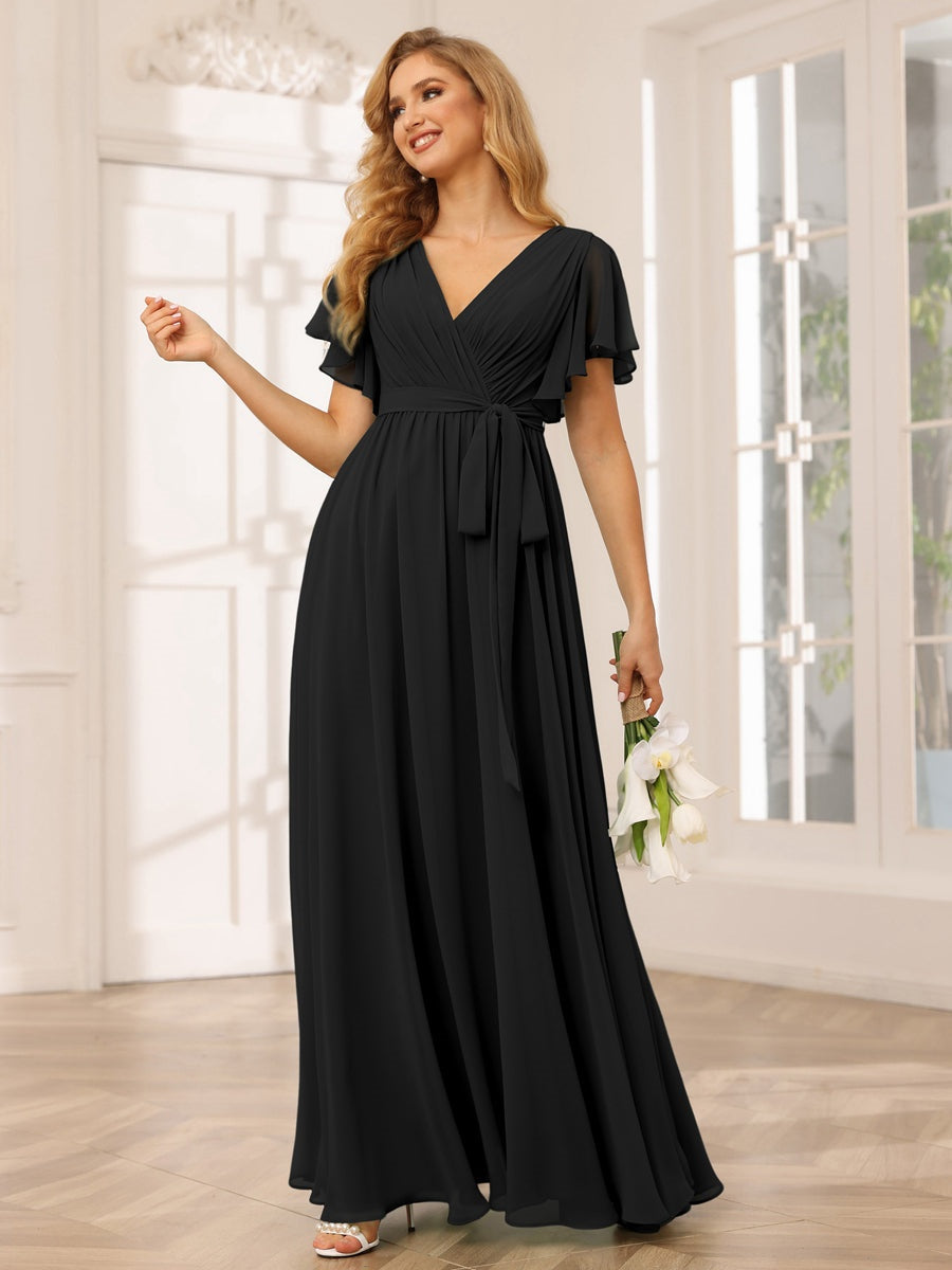 V-Neck A-Line Floor-Length Bridesmaid Dress with Sash and Short Sleeves