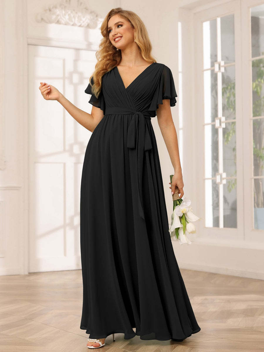 V-Neck A-Line Floor-Length Bridesmaid Dress with Sash and Short Sleeves