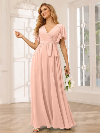 V-Neck A-Line Floor-Length Bridesmaid Dress with Sash and Short Sleeves