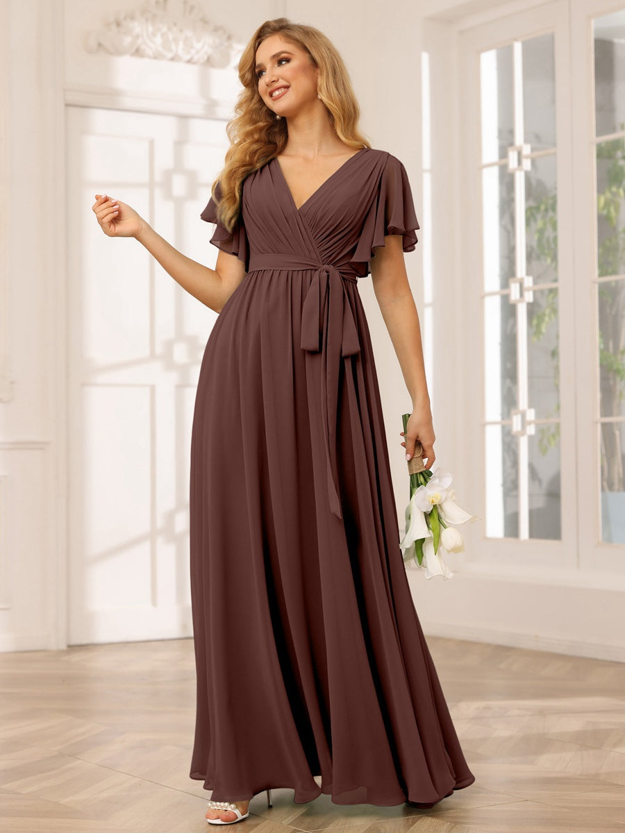 V-Neck A-Line Floor-Length Bridesmaid Dress with Sash and Short Sleeves