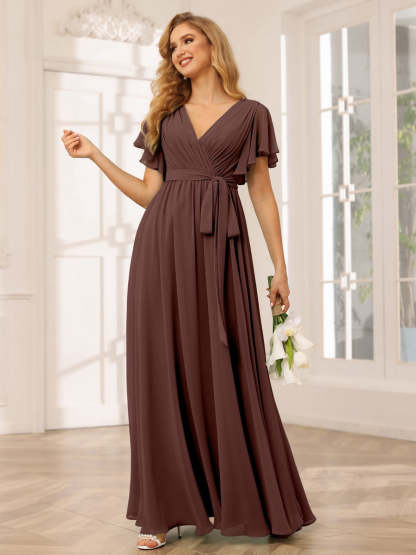 V-Neck A-Line Floor-Length Bridesmaid Dress with Sash and Short Sleeves