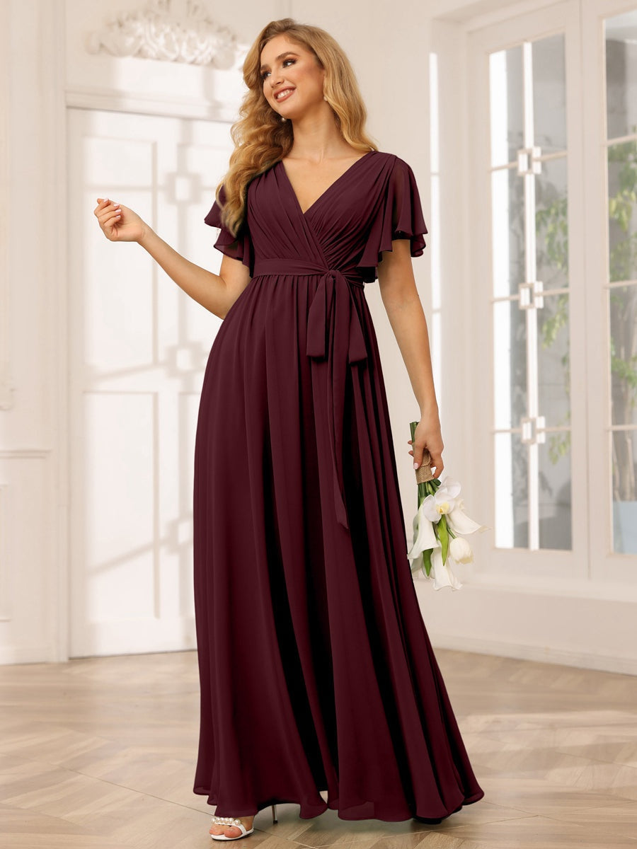 V-Neck A-Line Floor-Length Bridesmaid Dress with Sash and Short Sleeves