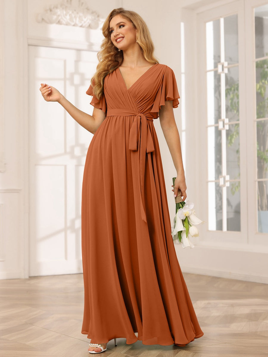 V-Neck A-Line Floor-Length Bridesmaid Dress with Sash and Short Sleeves