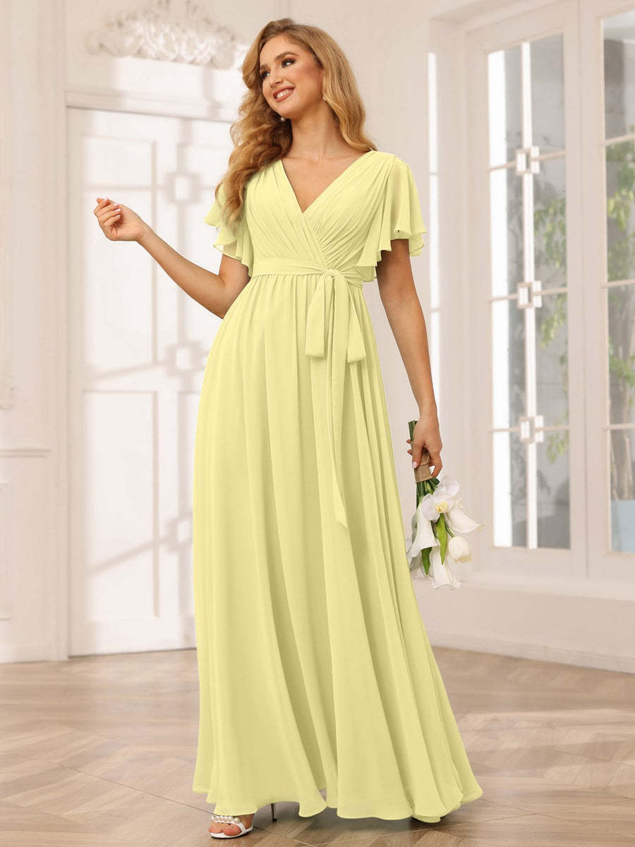 V-Neck A-Line Floor-Length Bridesmaid Dress with Sash and Short Sleeves