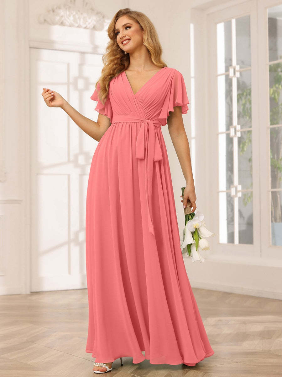 V-Neck A-Line Floor-Length Bridesmaid Dress with Sash and Short Sleeves