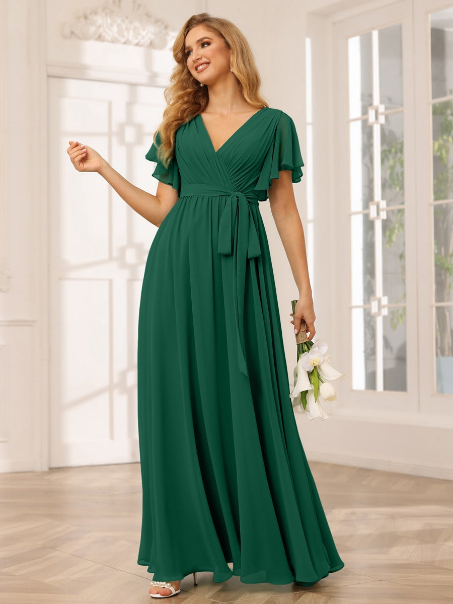 V-Neck A-Line Floor-Length Bridesmaid Dress with Sash and Short Sleeves