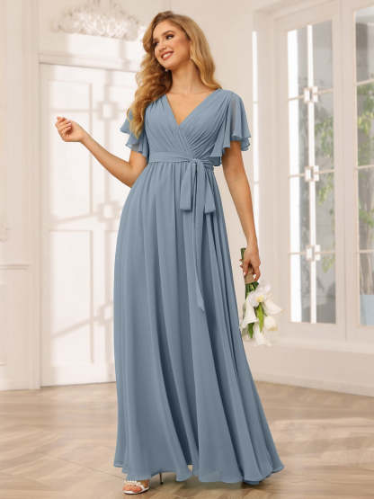 V-Neck A-Line Floor-Length Bridesmaid Dress with Sash and Short Sleeves