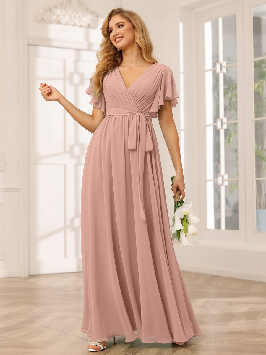 V-Neck A-Line Floor-Length Bridesmaid Dress with Sash and Short Sleeves