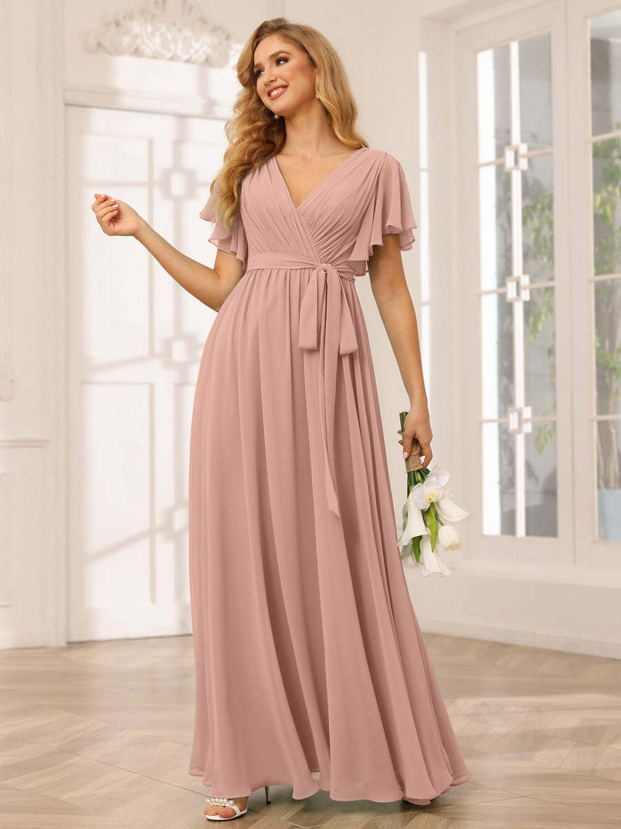 V-Neck A-Line Floor-Length Bridesmaid Dress with Sash and Short Sleeves