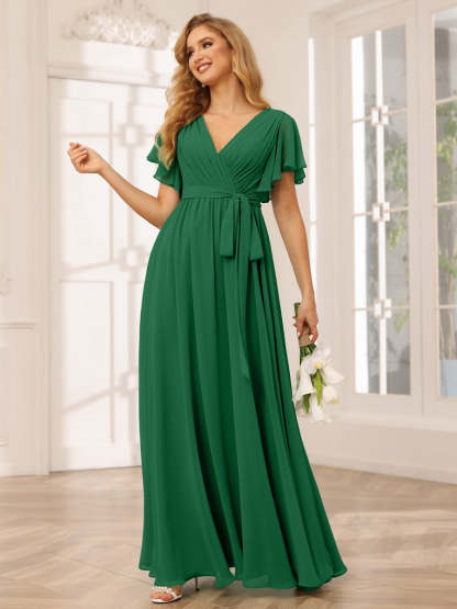 V-Neck A-Line Floor-Length Bridesmaid Dress with Sash and Short Sleeves