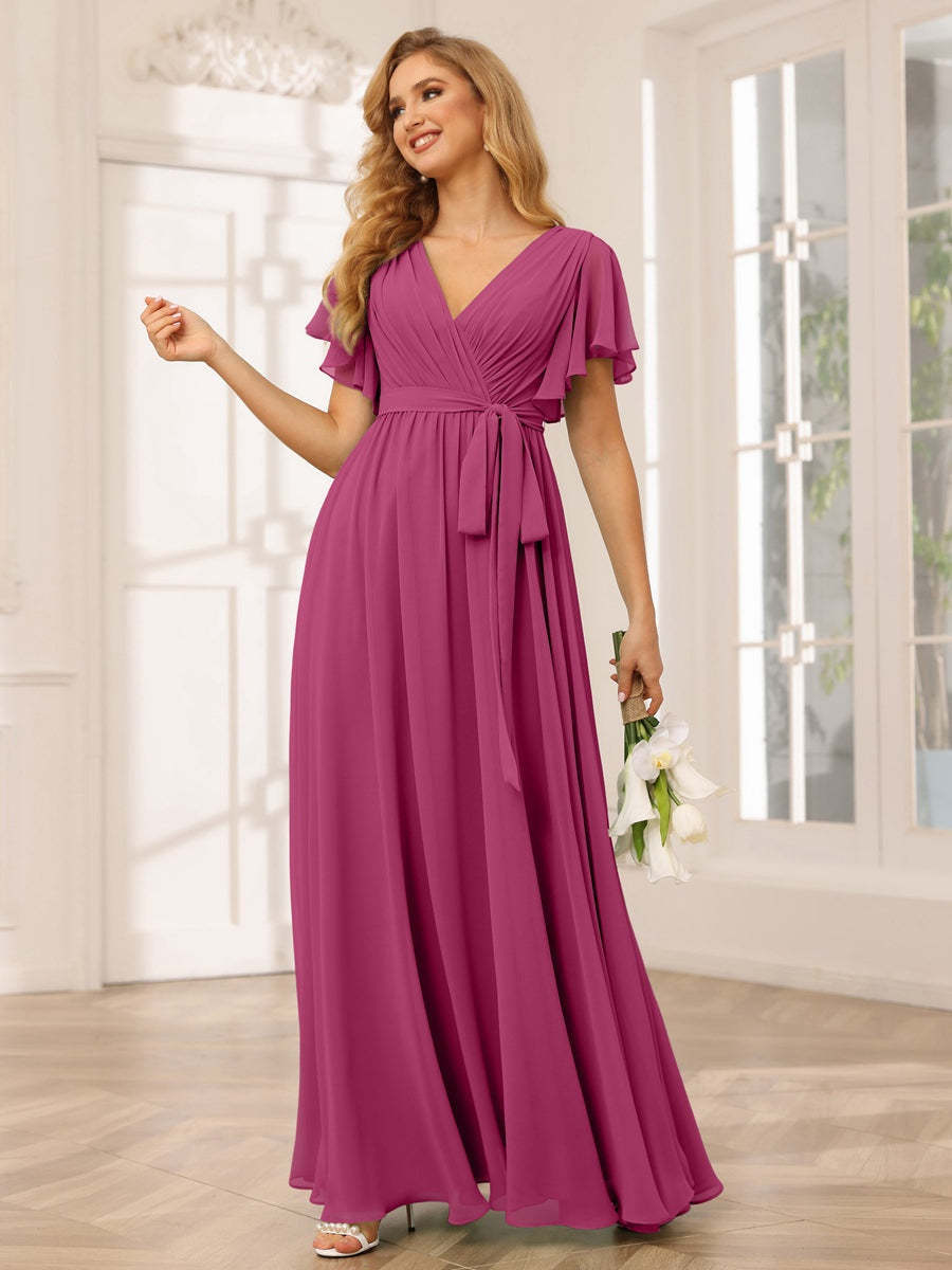 V-Neck A-Line Floor-Length Bridesmaid Dress with Sash and Short Sleeves