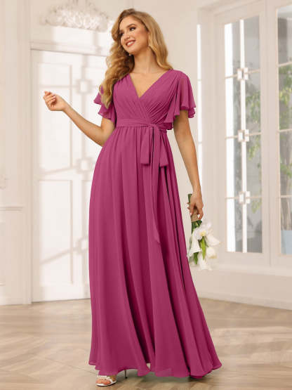 V-Neck A-Line Floor-Length Bridesmaid Dress with Sash and Short Sleeves