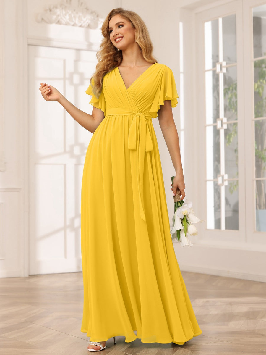 V-Neck A-Line Floor-Length Bridesmaid Dress with Sash and Short Sleeves