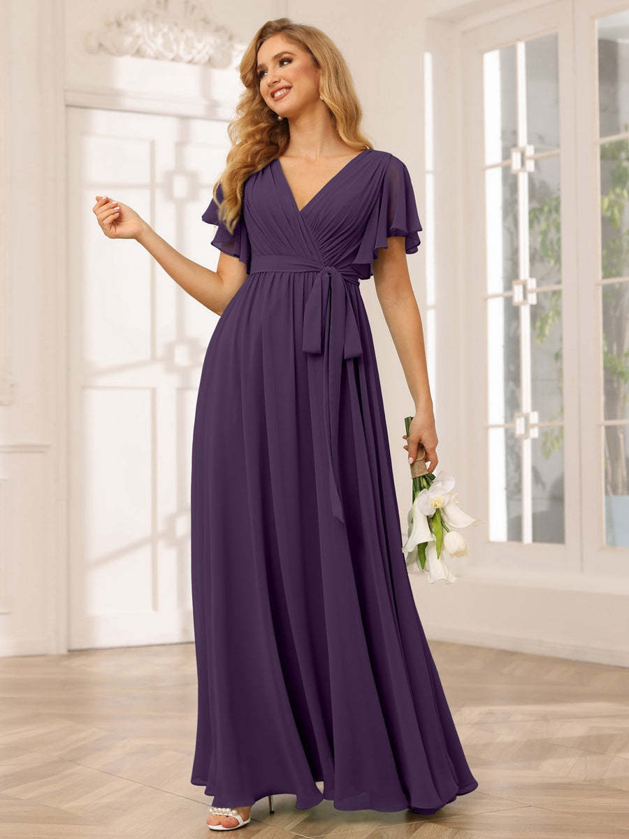 V-Neck A-Line Floor-Length Bridesmaid Dress with Sash and Short Sleeves