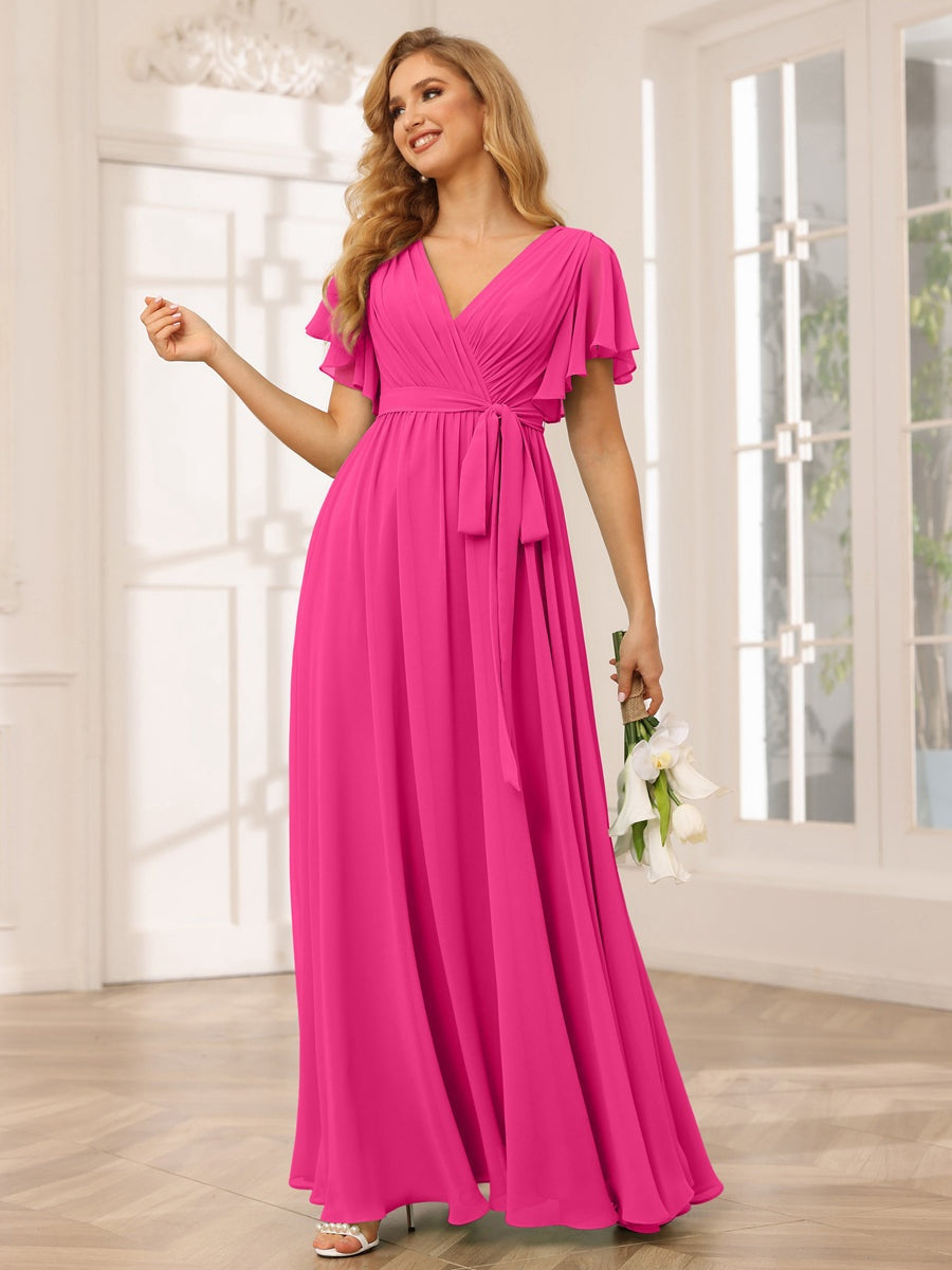 V-Neck A-Line Floor-Length Bridesmaid Dress with Sash and Short Sleeves