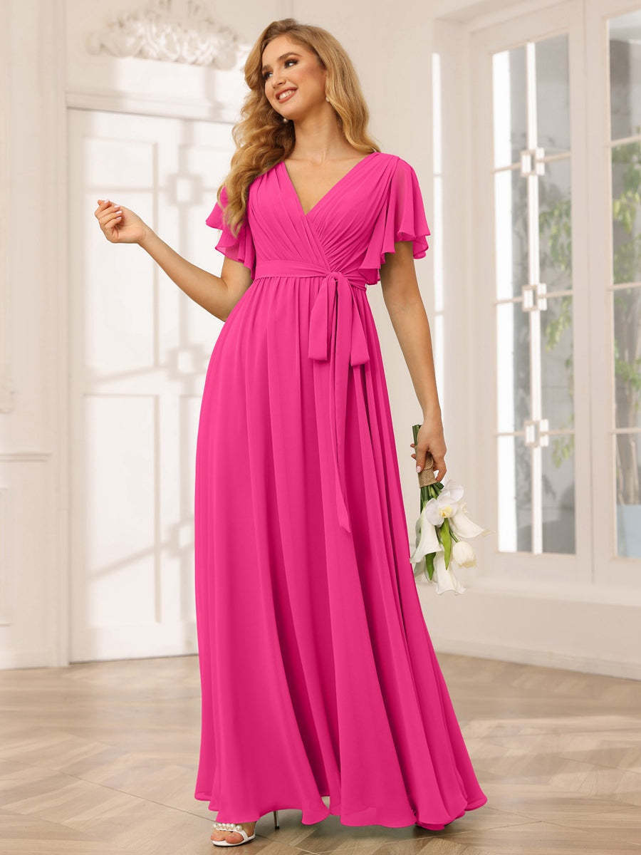 V-Neck A-Line Floor-Length Bridesmaid Dress with Sash and Short Sleeves