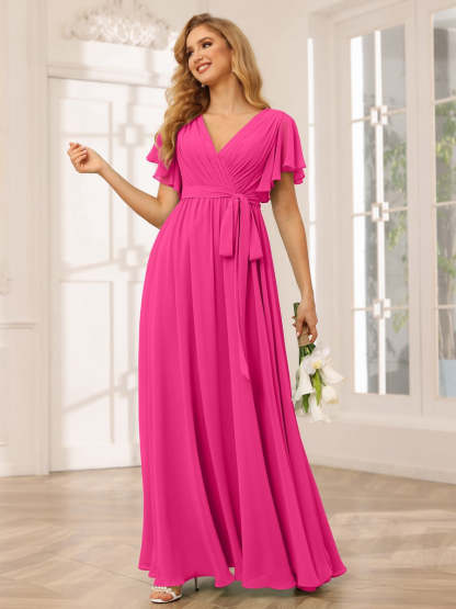 V-Neck A-Line Floor-Length Bridesmaid Dress with Sash and Short Sleeves