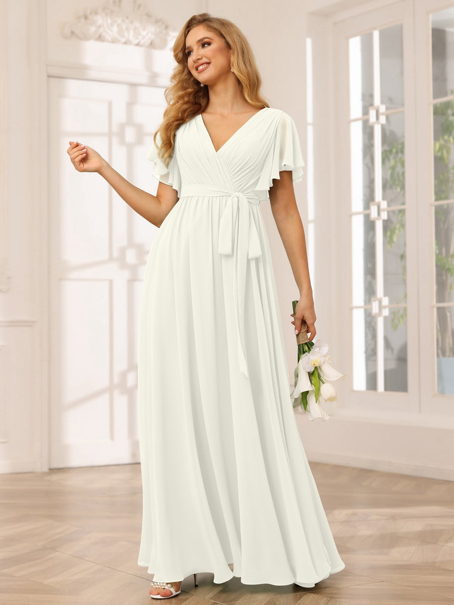V-Neck A-Line Floor-Length Bridesmaid Dress with Sash and Short Sleeves