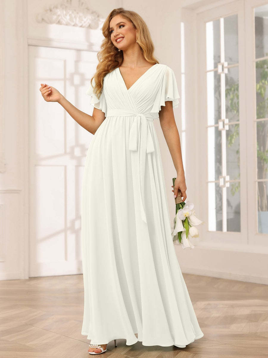 V-Neck A-Line Floor-Length Bridesmaid Dress with Sash and Short Sleeves