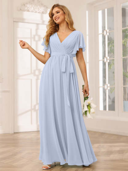 V-Neck A-Line Floor-Length Bridesmaid Dress with Sash and Short Sleeves