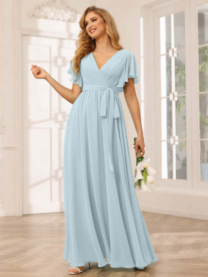 V-Neck A-Line Floor-Length Bridesmaid Dress with Sash and Short Sleeves