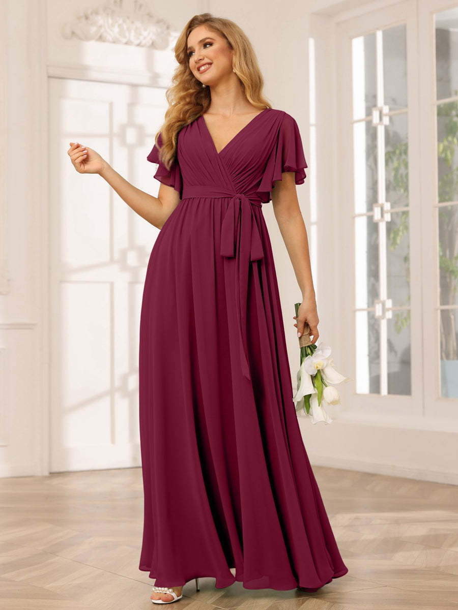 V-Neck A-Line Floor-Length Bridesmaid Dress with Sash and Short Sleeves