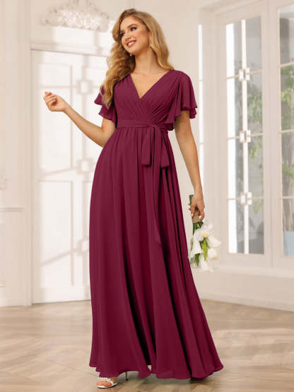 V-Neck A-Line Floor-Length Bridesmaid Dress with Sash and Short Sleeves