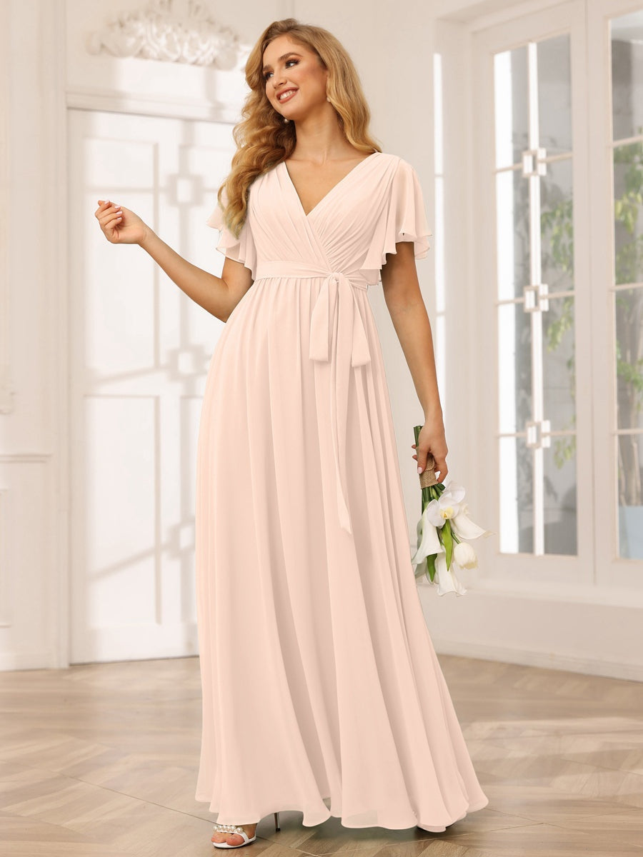 V-Neck A-Line Floor-Length Bridesmaid Dress with Sash and Short Sleeves