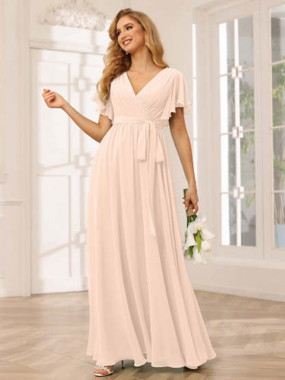 V-Neck A-Line Floor-Length Bridesmaid Dress with Sash and Short Sleeves
