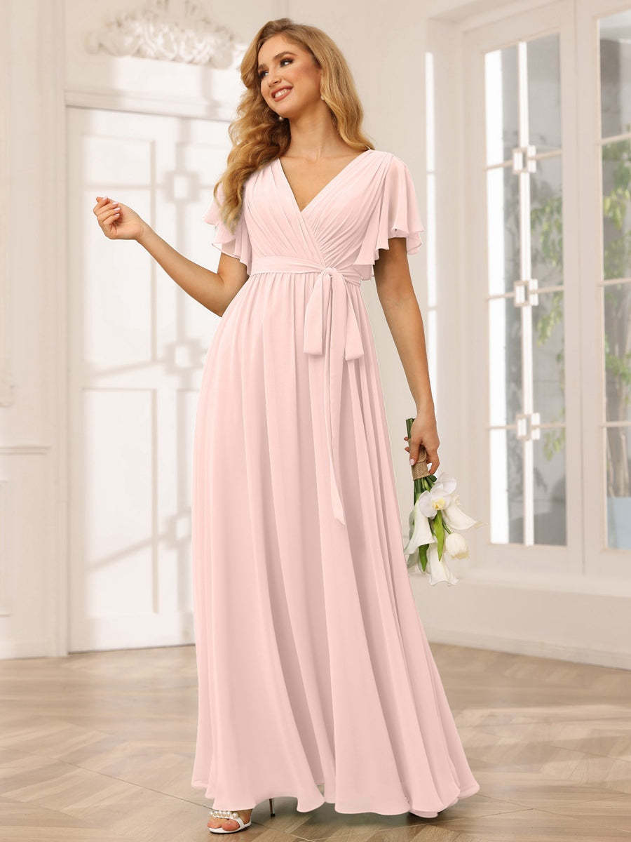 V-Neck A-Line Floor-Length Bridesmaid Dress with Sash and Short Sleeves