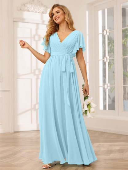 V-Neck A-Line Floor-Length Bridesmaid Dress with Sash and Short Sleeves