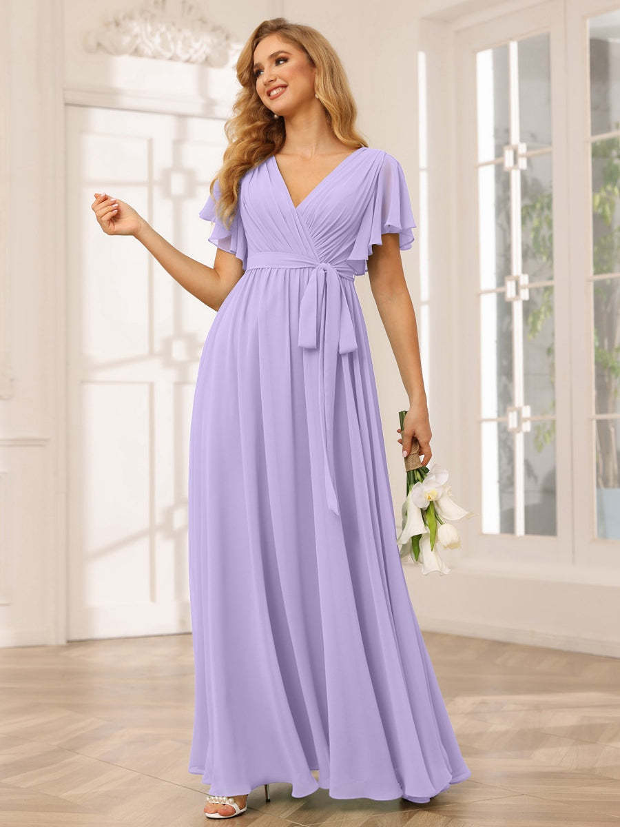V-Neck A-Line Floor-Length Bridesmaid Dress with Sash and Short Sleeves