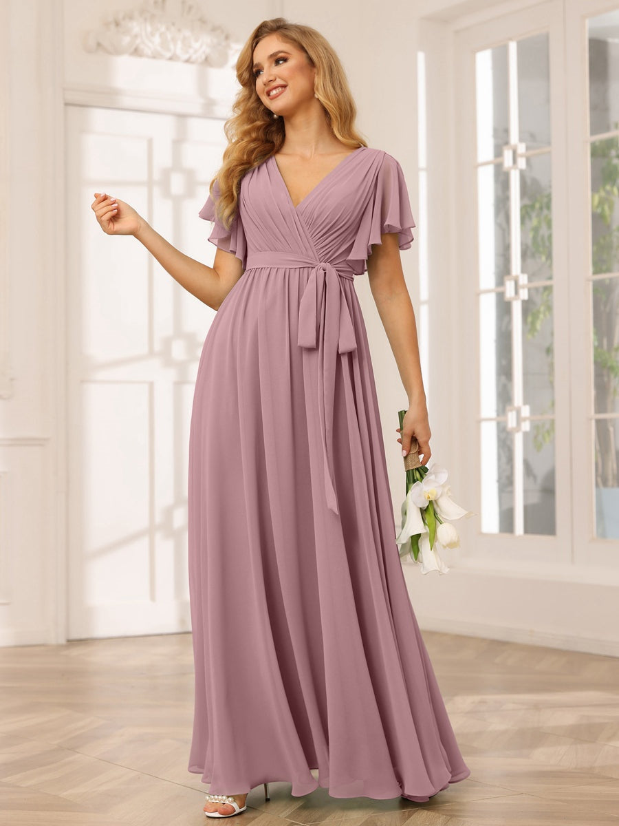V-Neck A-Line Floor-Length Bridesmaid Dress with Sash and Short Sleeves