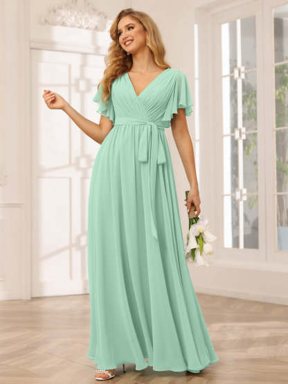 V-Neck A-Line Floor-Length Bridesmaid Dress with Sash and Short Sleeves