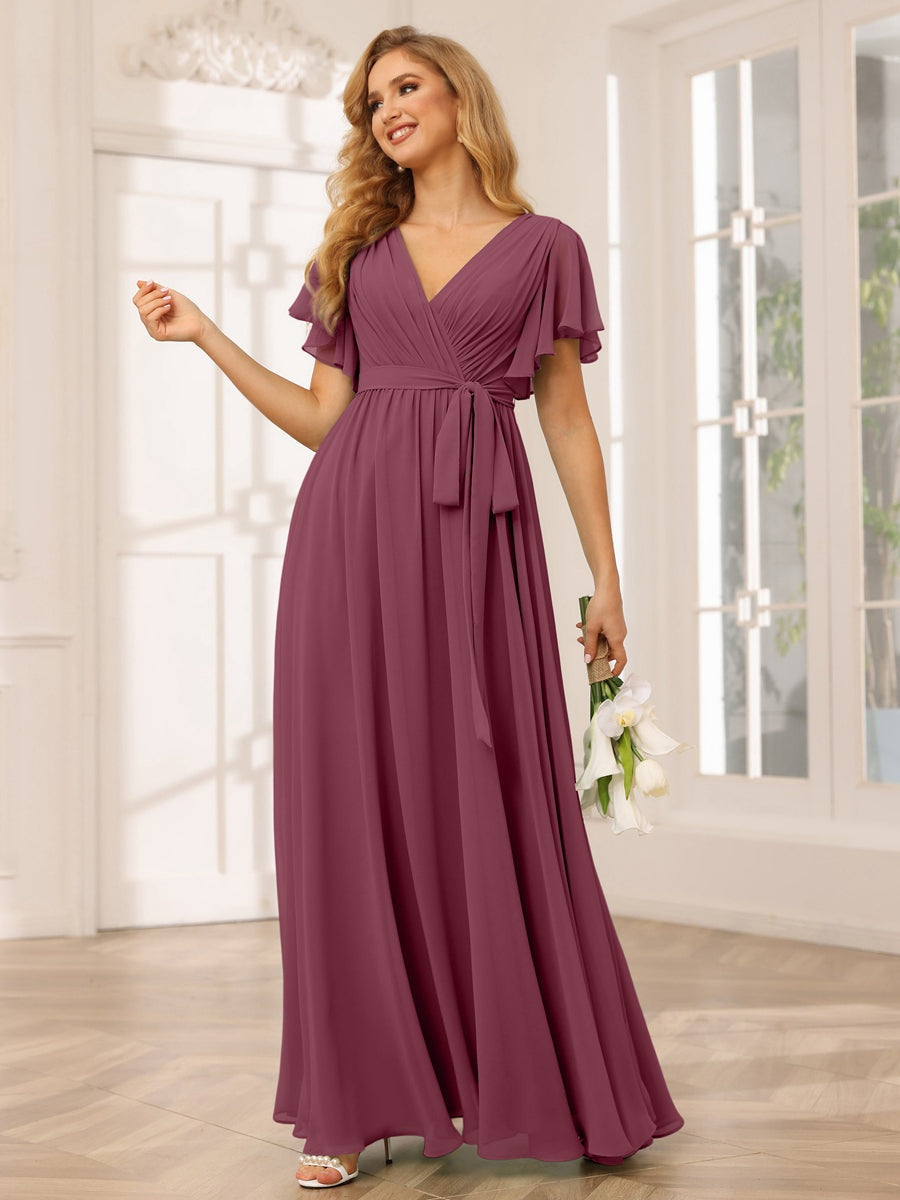 V-Neck A-Line Floor-Length Bridesmaid Dress with Sash and Short Sleeves