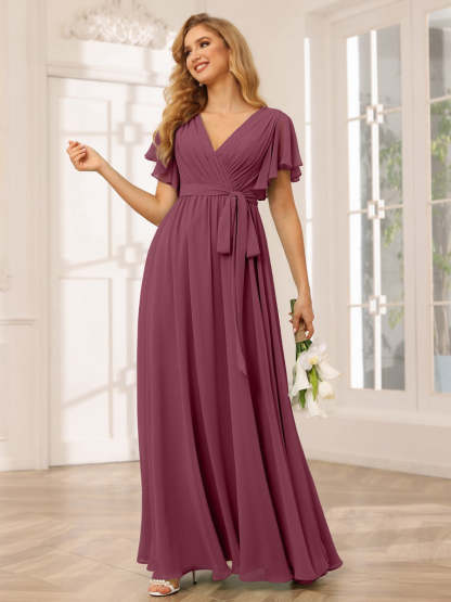 V-Neck A-Line Floor-Length Bridesmaid Dress with Sash and Short Sleeves