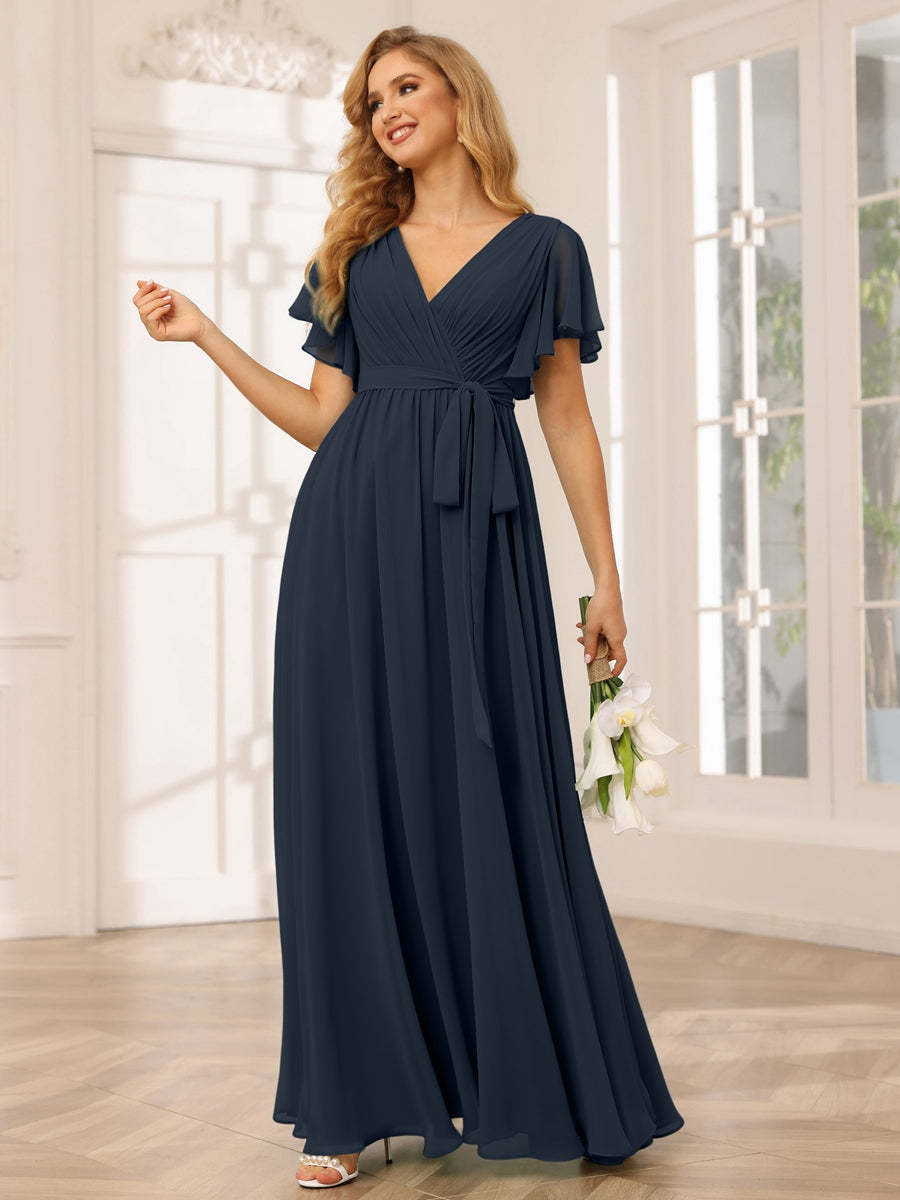 V-Neck A-Line Floor-Length Bridesmaid Dress with Sash and Short Sleeves
