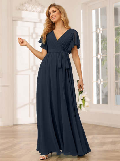V-Neck A-Line Floor-Length Bridesmaid Dress with Sash and Short Sleeves