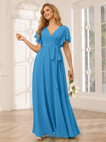 V-Neck A-Line Floor-Length Bridesmaid Dress with Sash and Short Sleeves