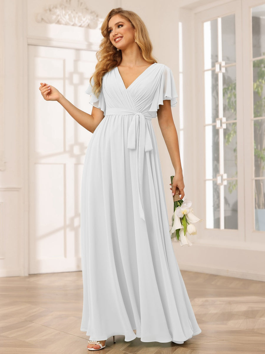 V-Neck A-Line Floor-Length Bridesmaid Dress with Sash and Short Sleeves