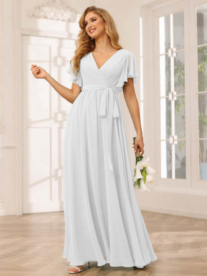 V-Neck A-Line Floor-Length Bridesmaid Dress with Sash and Short Sleeves