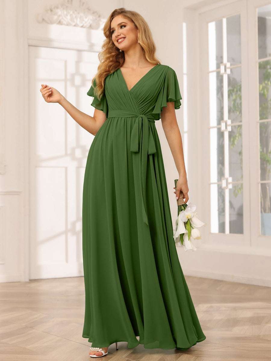 V-Neck A-Line Floor-Length Bridesmaid Dress with Sash and Short Sleeves