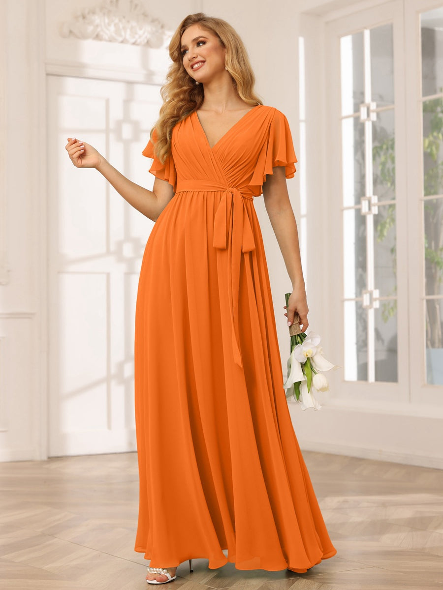 V-Neck A-Line Floor-Length Bridesmaid Dress with Sash and Short Sleeves