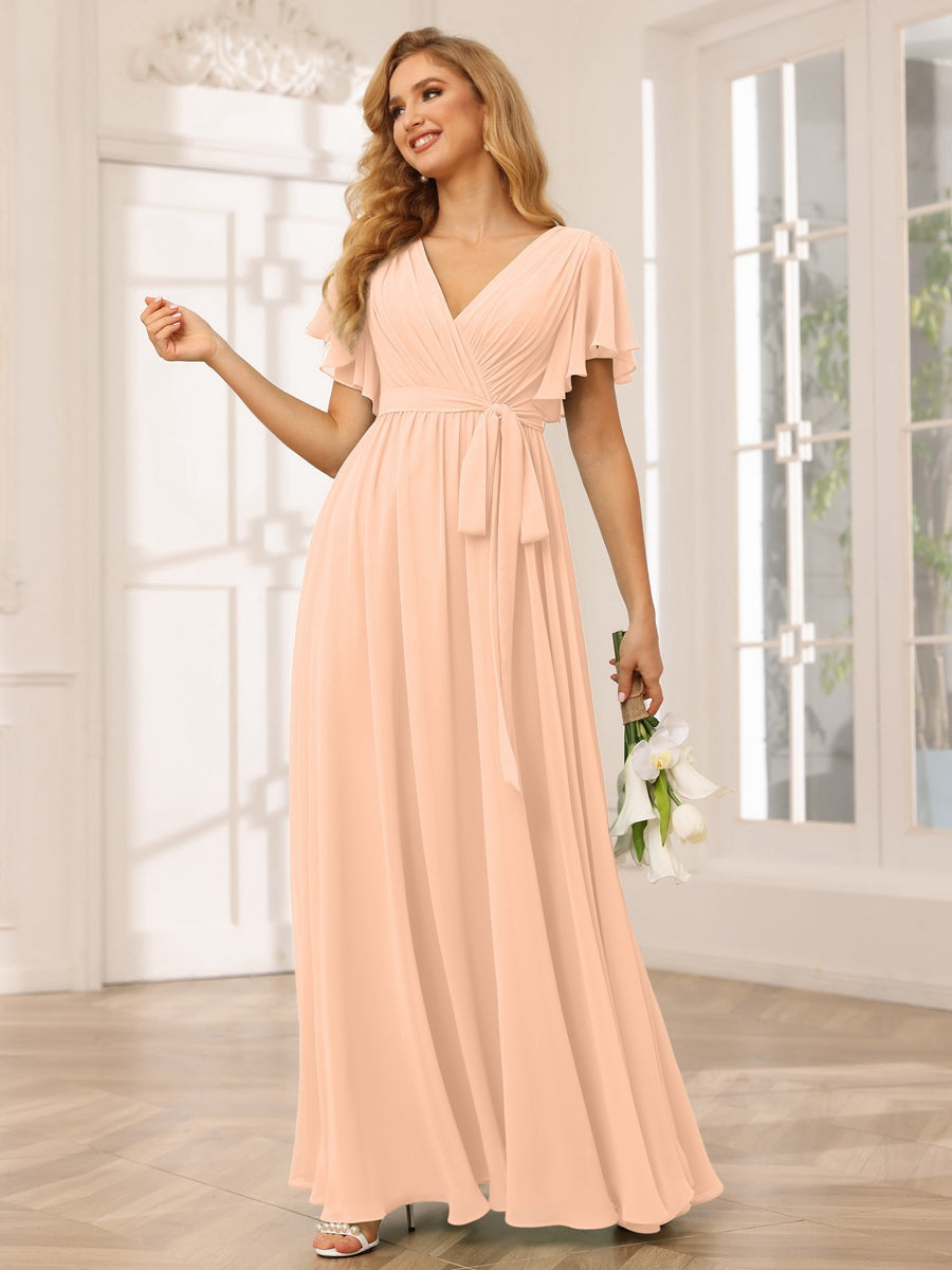 V-Neck A-Line Floor-Length Bridesmaid Dress with Sash and Short Sleeves