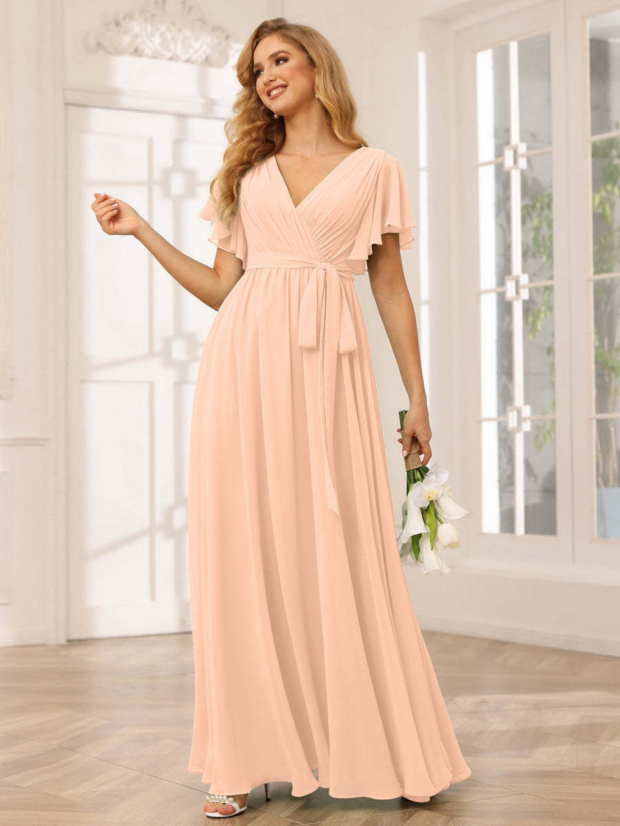 V-Neck A-Line Floor-Length Bridesmaid Dress with Sash and Short Sleeves