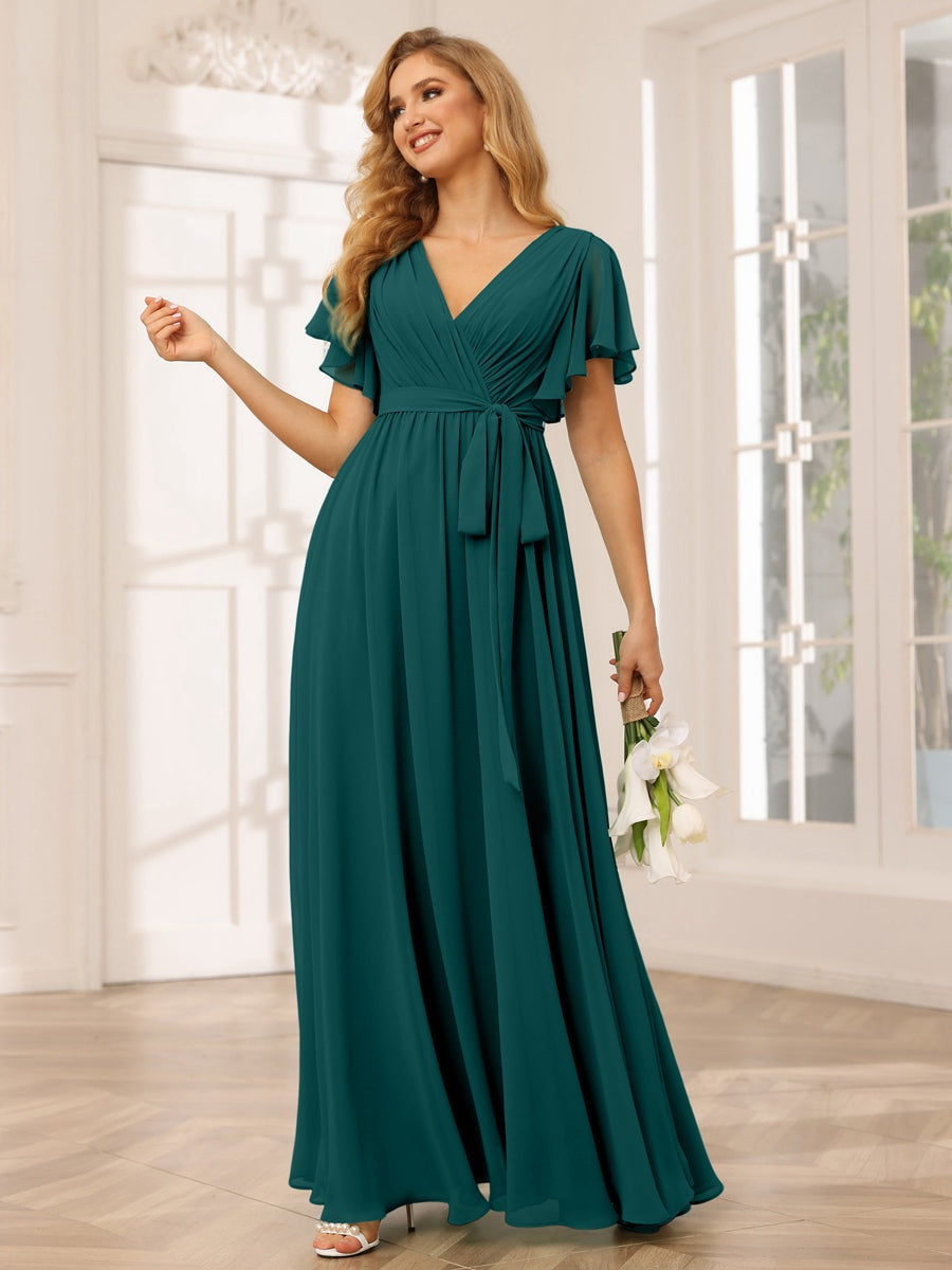 V-Neck A-Line Floor-Length Bridesmaid Dress with Sash and Short Sleeves