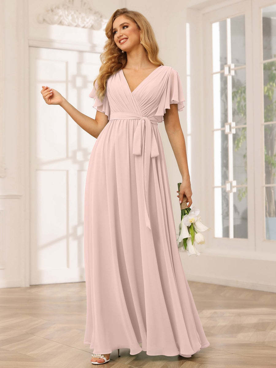 V-Neck A-Line Floor-Length Bridesmaid Dress with Sash and Short Sleeves